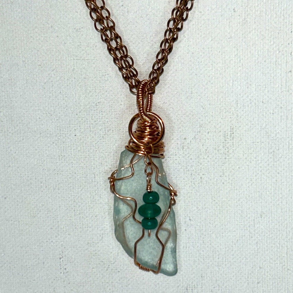 Handmade Copper Wire Set Sea Glass Beaded Dangle Necklace